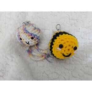Lot of 2 Handmade Key Chains Bumble Bee & Octopus Crochet Knitted Multicolor 3"